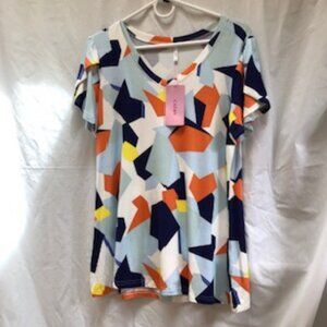 NWT Cathy Blue Orange Rayon Top Tee Shirt Double Flare Cap Sleeves. L Large